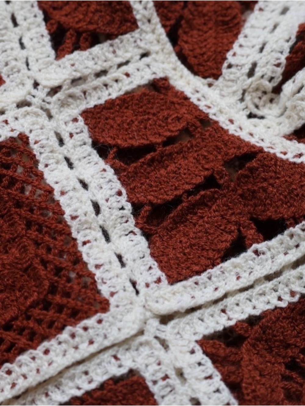 Cropped Crochet Floral Granny Square Sweater Top Hippie Boho Rust Ivory Size S - Picture 4 of 13